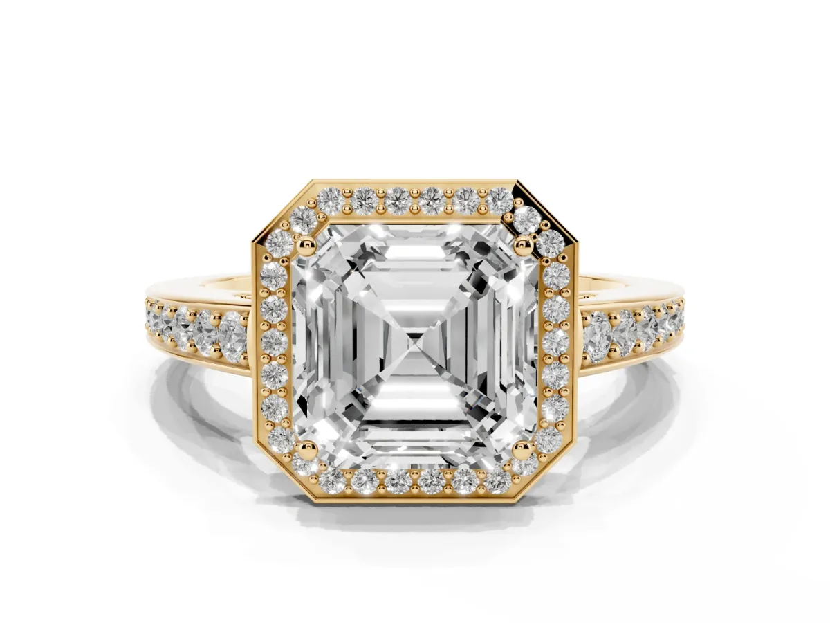 Asscher Cut Halo Pavé Diamond Engagement Ring with Bezel Setting Yellow gold