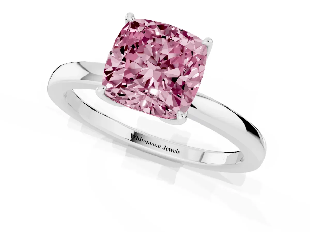 Fancy Pink Cushion Cut Diamond Solitaire Ring with Thin Band and Prong Setting Platinum