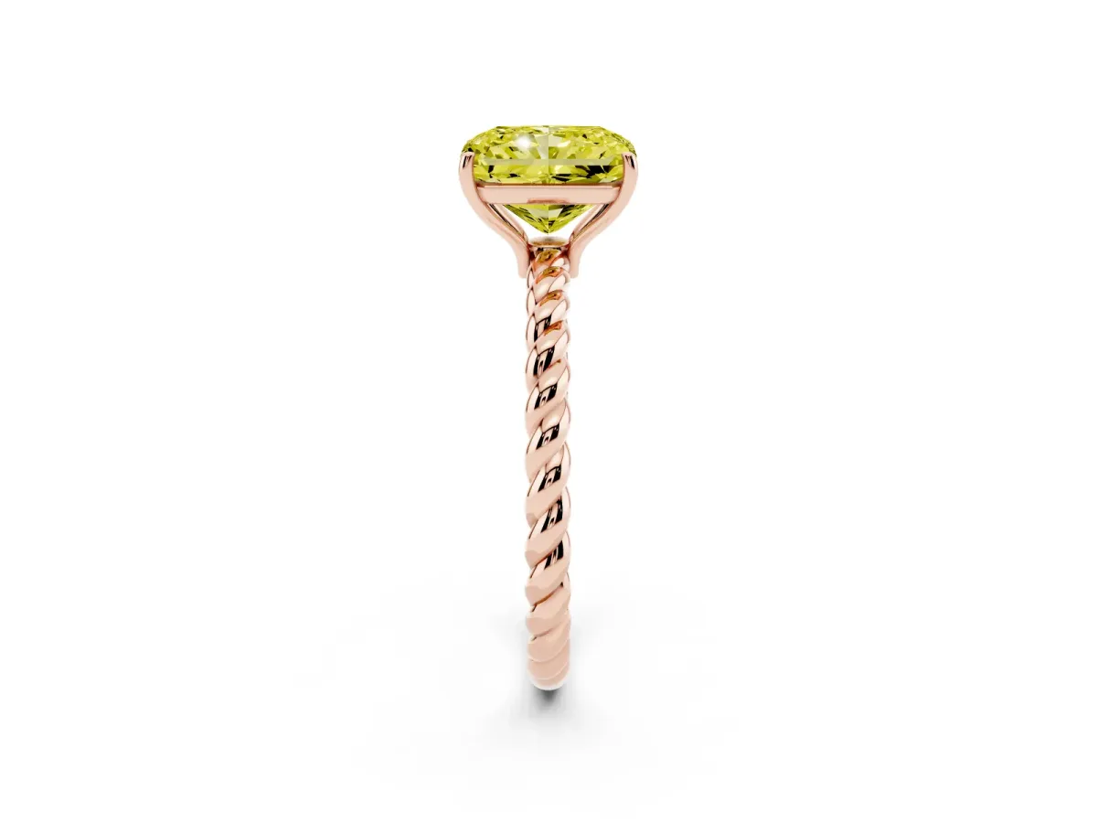 Fancy Yellow Radiant Cut Solitaire Twist Band Ring with Four-Prong Setting Rose gold