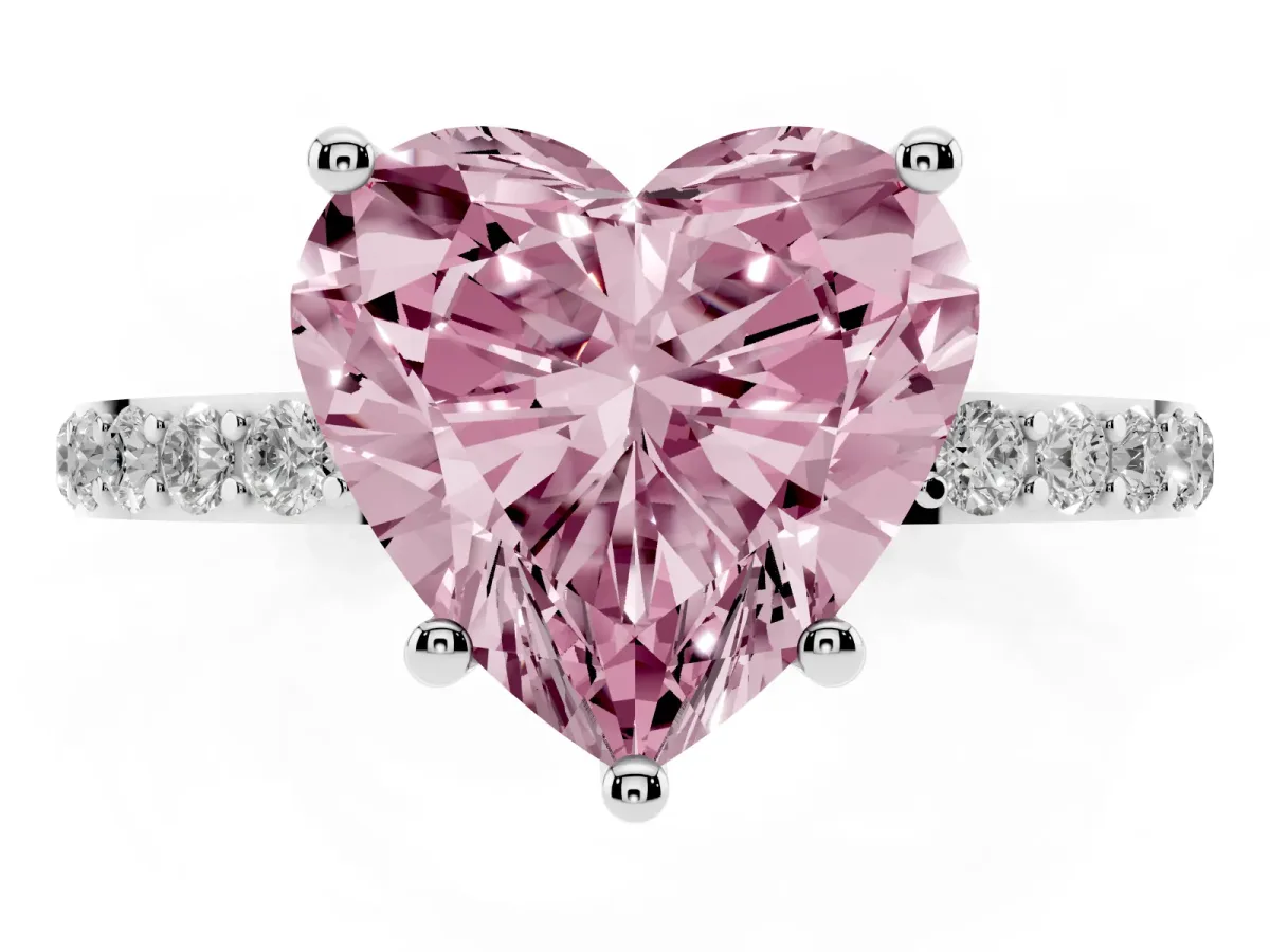 Fancy Pink Heart Cut Diamond Solitaire Ring with Round Pavé Shoulders and Prong Setting Silver