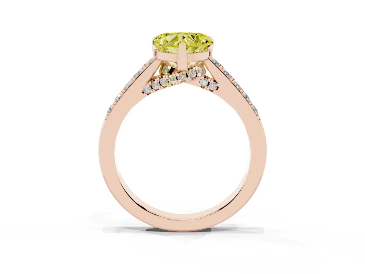 Fancy Yellow Heart Cut Diamond Solitaire Ring with Crossover Gallery and Round Pavé Band Rose gold