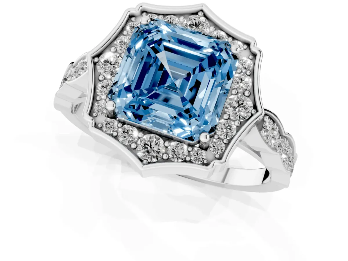 Fancy Blue Asscher Cut Halo Diamond Engagement Ring with Milgrain Band and Four-Prong Setting Silver