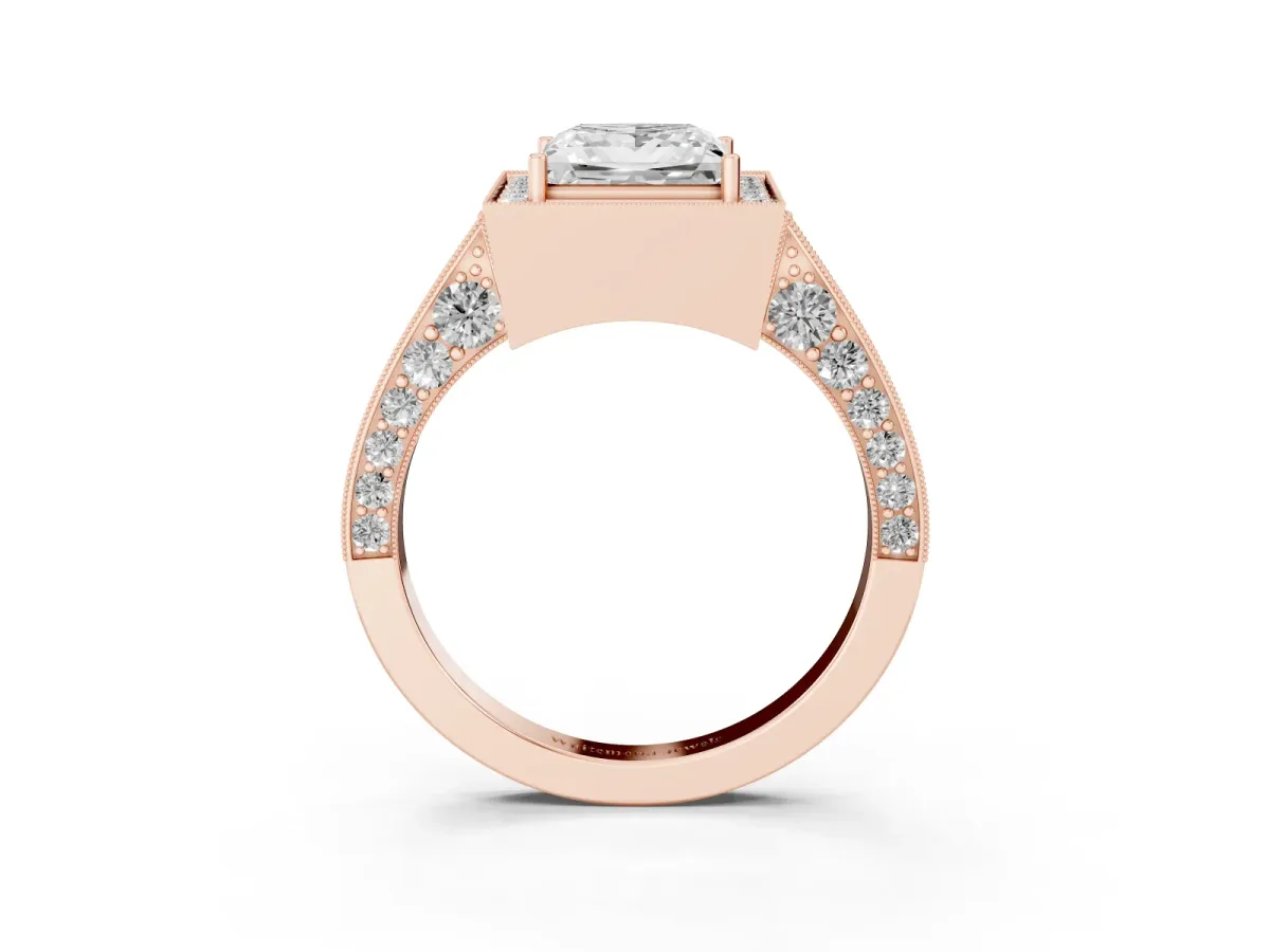 Princess Cut Halo Diamond Engagement Ring with Split Shank Band and Four-Prong Setting Rose gold