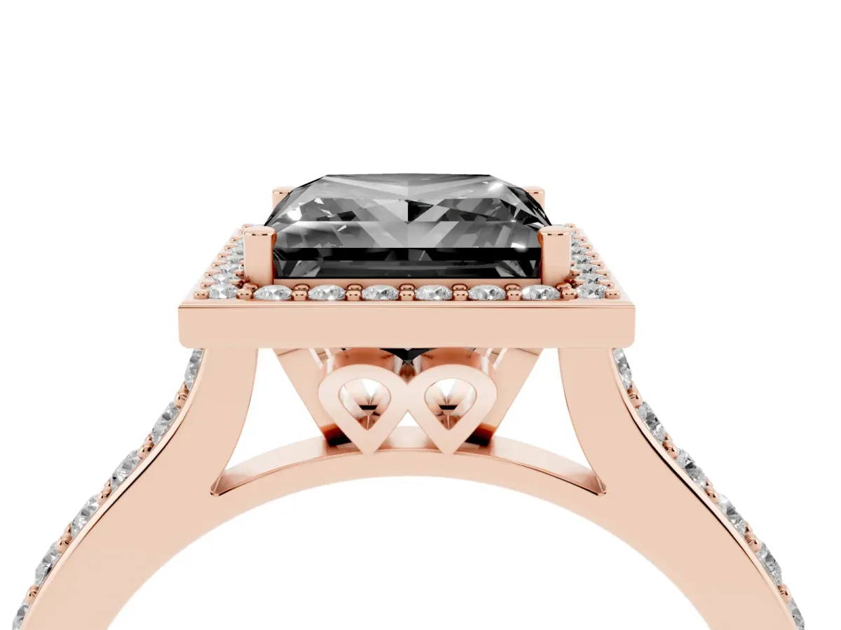 Fancy Black Princess Cut Diamond Halo Engagement Ring with Round Pavé Shoulders and Prong Setting Rose gold