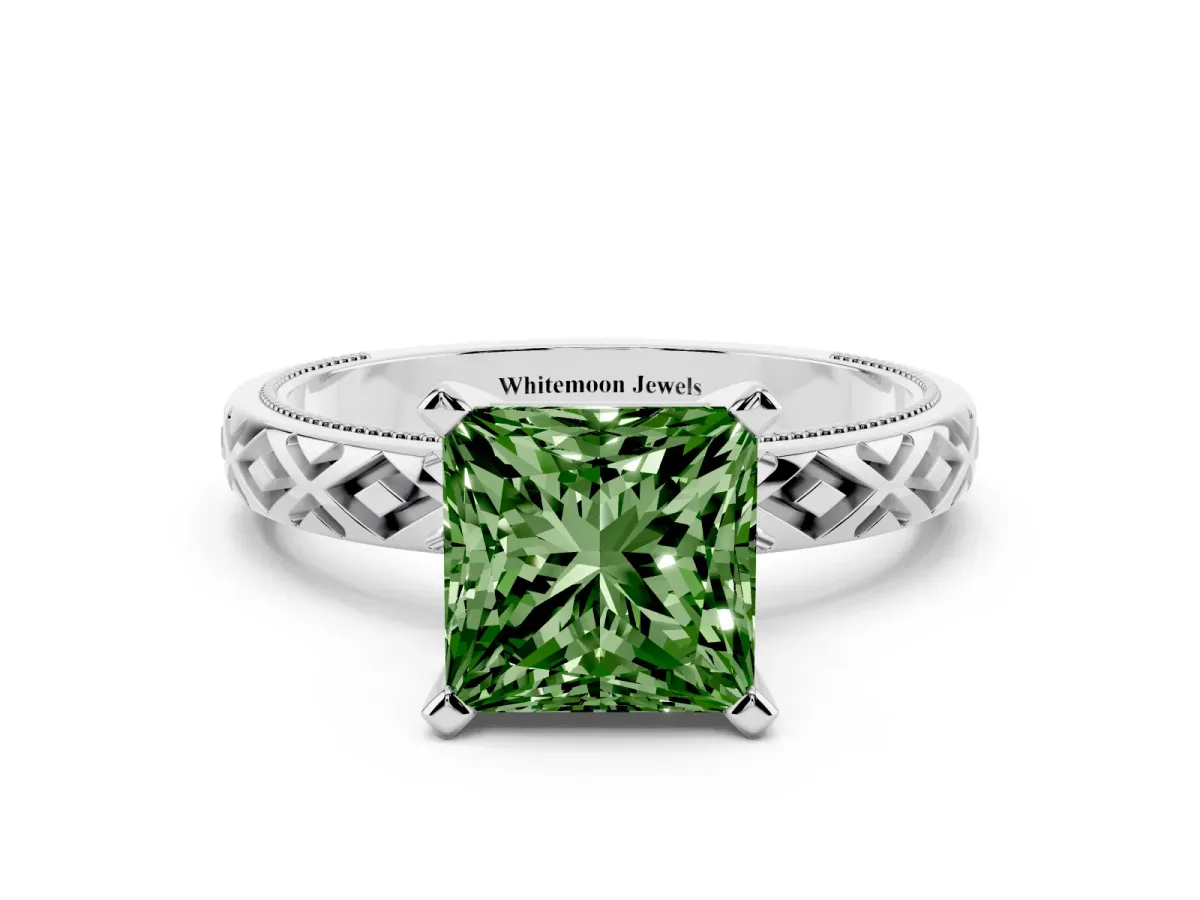 Fancy Green Princess Cut Solitaire Diamond Ring with Milgrain and Black Enamel X Pattern Band Silver
