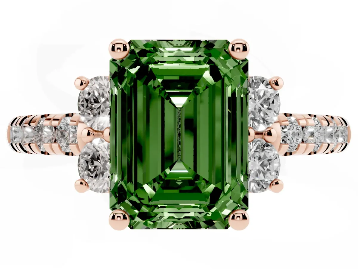Fancy Green Emerald Cut Diamond Three-Stone Pave Band with Four-Prong Setting Rose gold