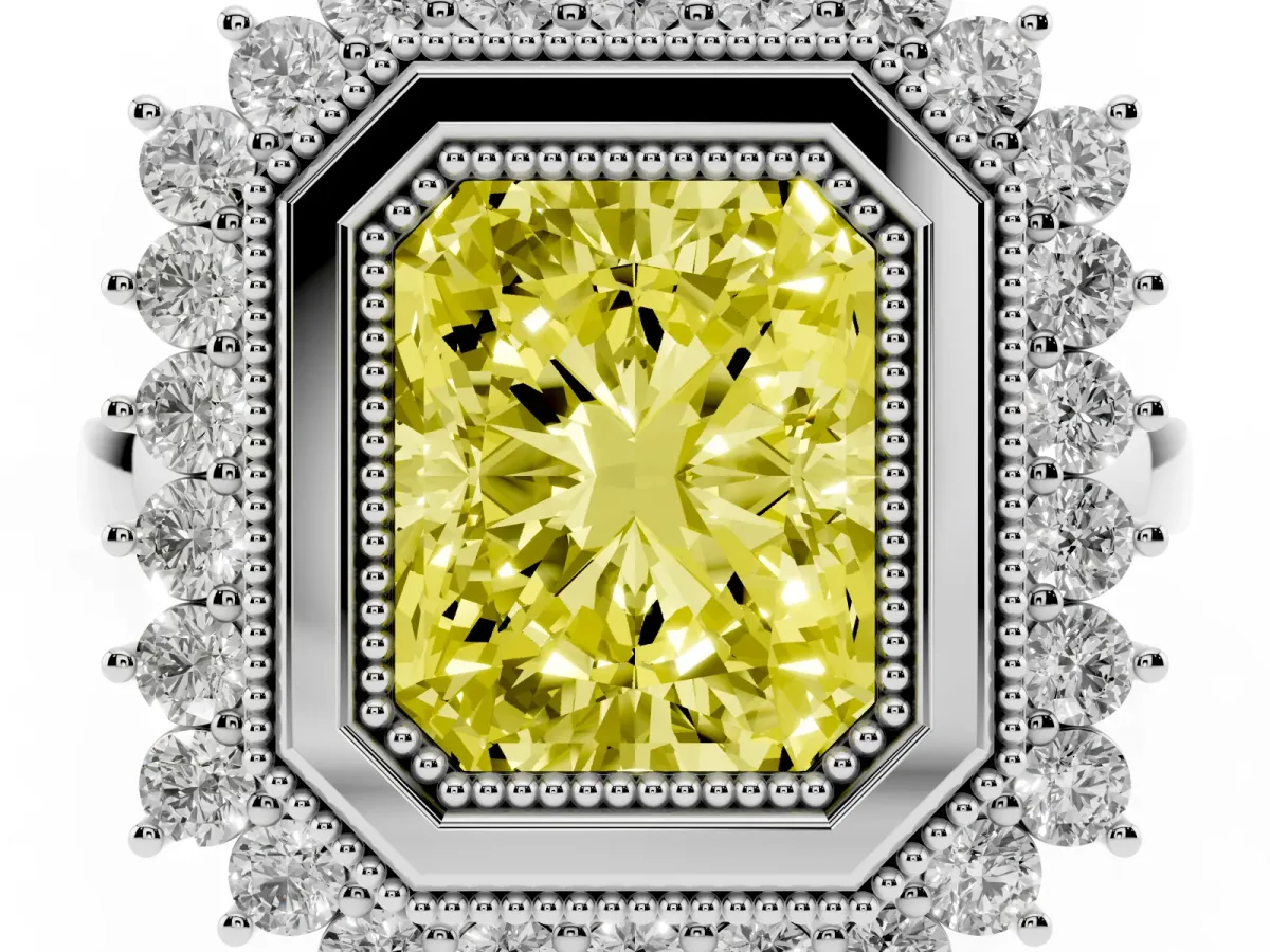 Fancy Yellow Radiant Cut Halo Diamond Ring with Milgrain Edge and Round Prong Setting Silver