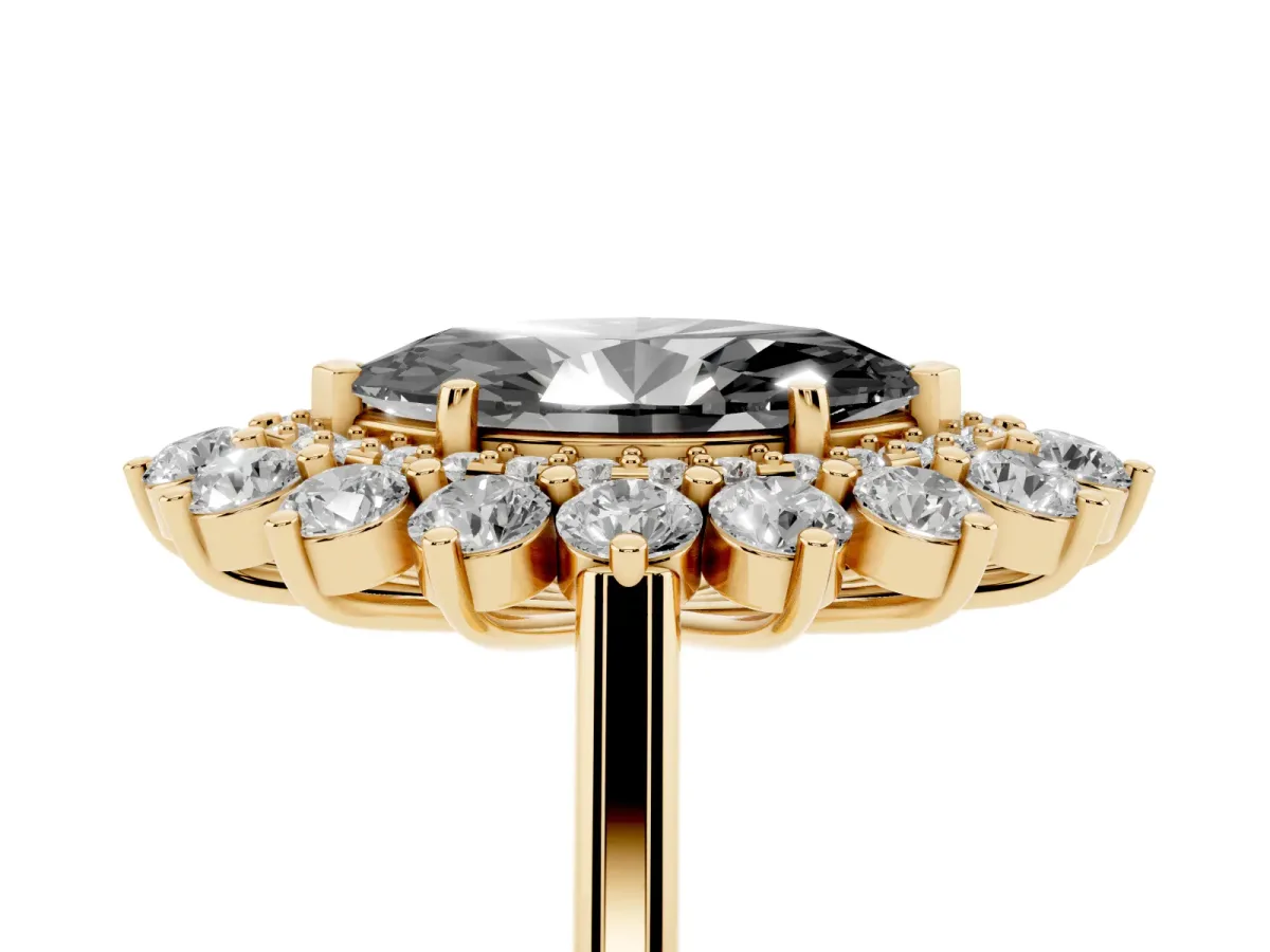 Fancy Black Marquise Cut Diamond Floral Double Halo Engagement Ring with Prong Setting Yellow gold