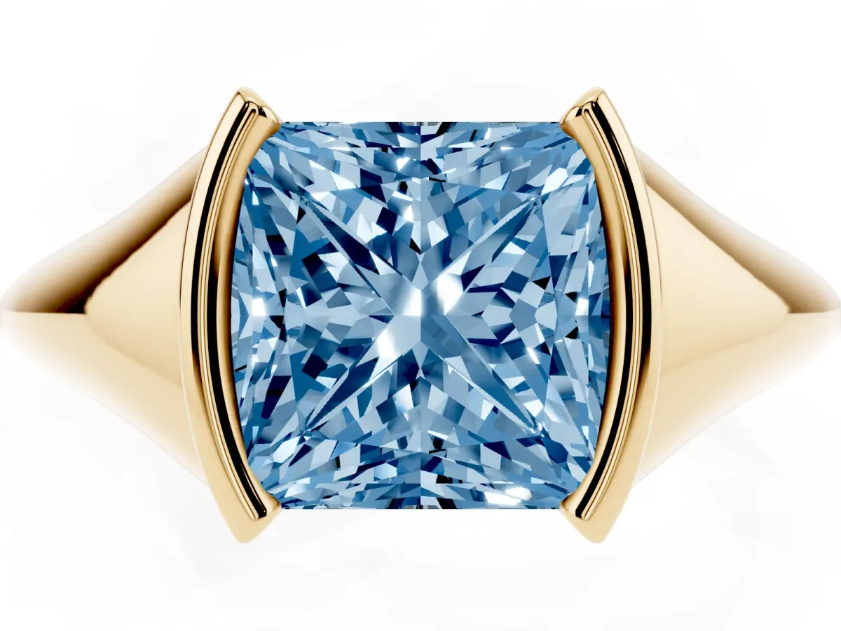 Fancy Blue Princess Cut Solitaire Tension Set Diamond Ring Yellow gold