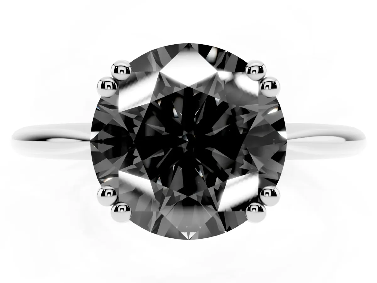 Fancy Black Round Cut Solitaire Diamond Ring with Six-Prong Setting and Classic Band Silver