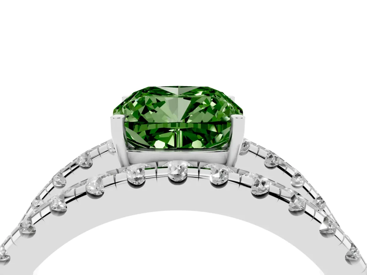Fancy Green Cushion Cut Solitaire Split Shank Pave Diamond Ring Platinum