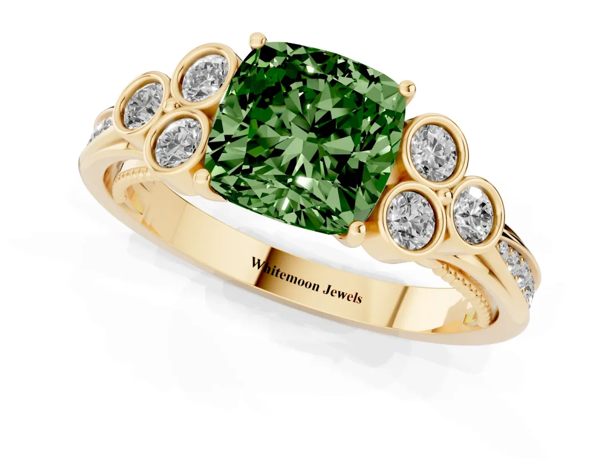 Fancy Green Cushion Cut Cut Diamond Engagement Ring with Bezel Set Round Side Stones and Prong Setting Yellow gold