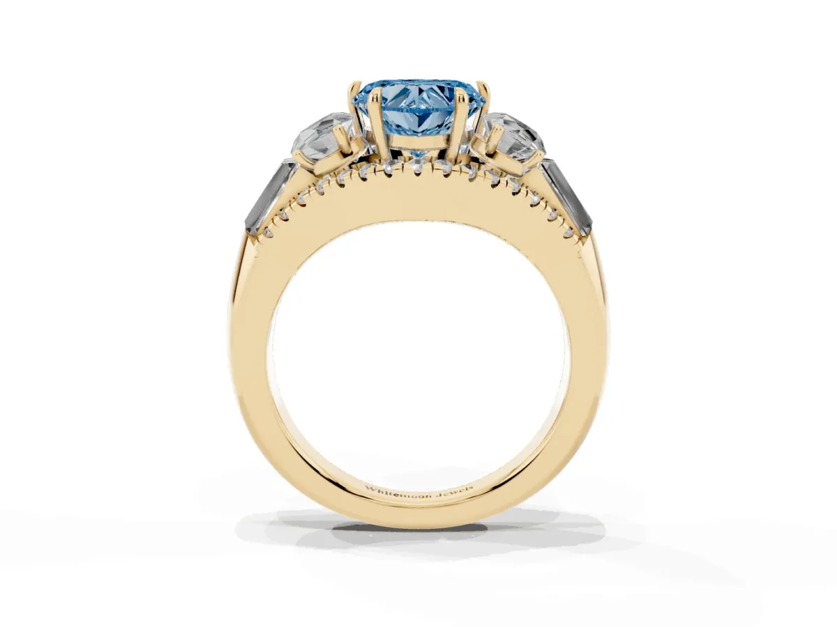 Fancy Blue Three-Stone Heart Cut Diamond Engagement Ring with Pave Band and Prong Setting Yellow gold