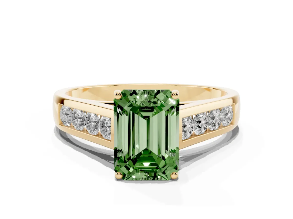 Fancy Green Emerald Cut Solitaire Channel-Set Diamond Engagement Ring with Four-Prong Setting Yellow gold