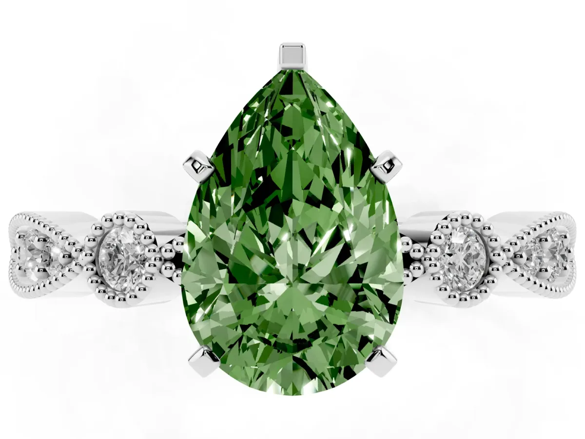 Fancy Green Pear Cut Milgrain Bezel Diamond Engagement Ring with Solitaire Prong Setting Silver