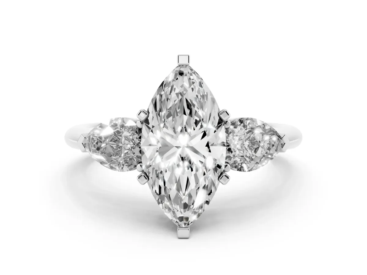 Three-Stone Marquise Cut Diamond Ring with Pear Side Stones and Four-Prong Setting Silver