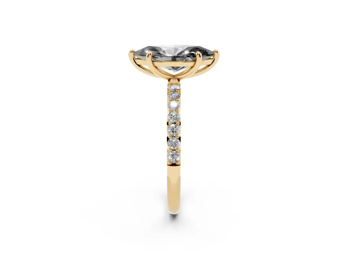 Fancy Black Marquise Cut Diamond Solitaire Ring with Round Pavé Band and Prong Setting Yellow gold
