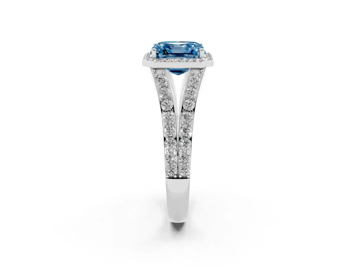 Fancy Blue Asscher Cut Diamond Split Shank Halo Ring with Four-Prong Setting Silver