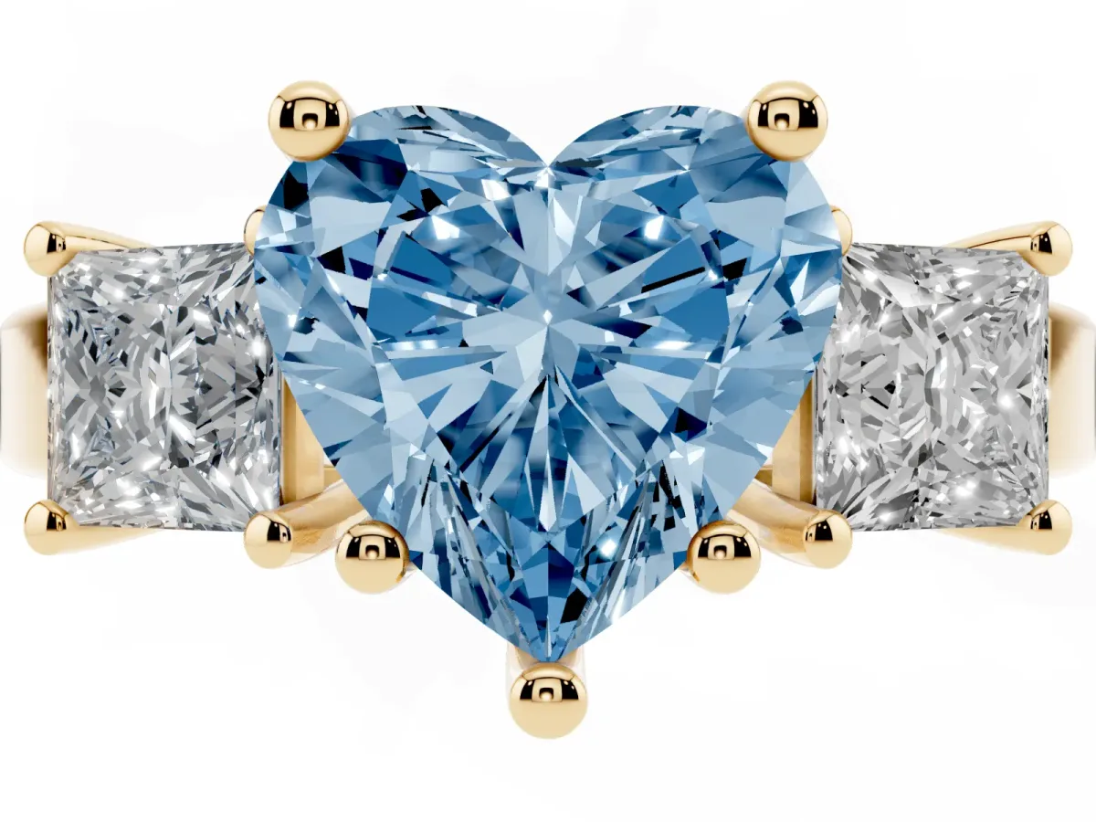 Fancy Blue Three-Stone Heart Cut Cut Solitaire Ring with Prong Setting Yellow gold