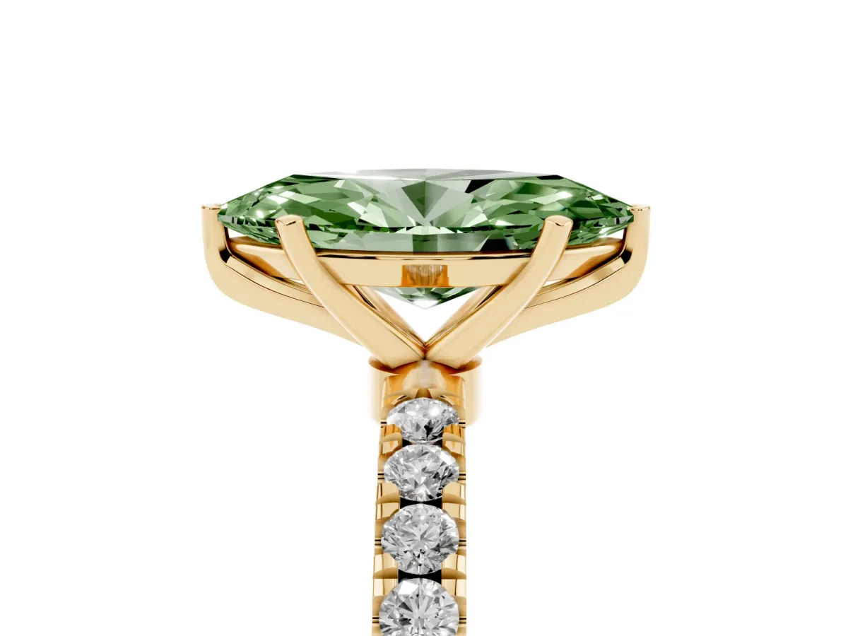 Fancy Green Marquise Cut Diamond Solitaire Ring with Pavé Accents and Four-Prong Setting Yellow gold