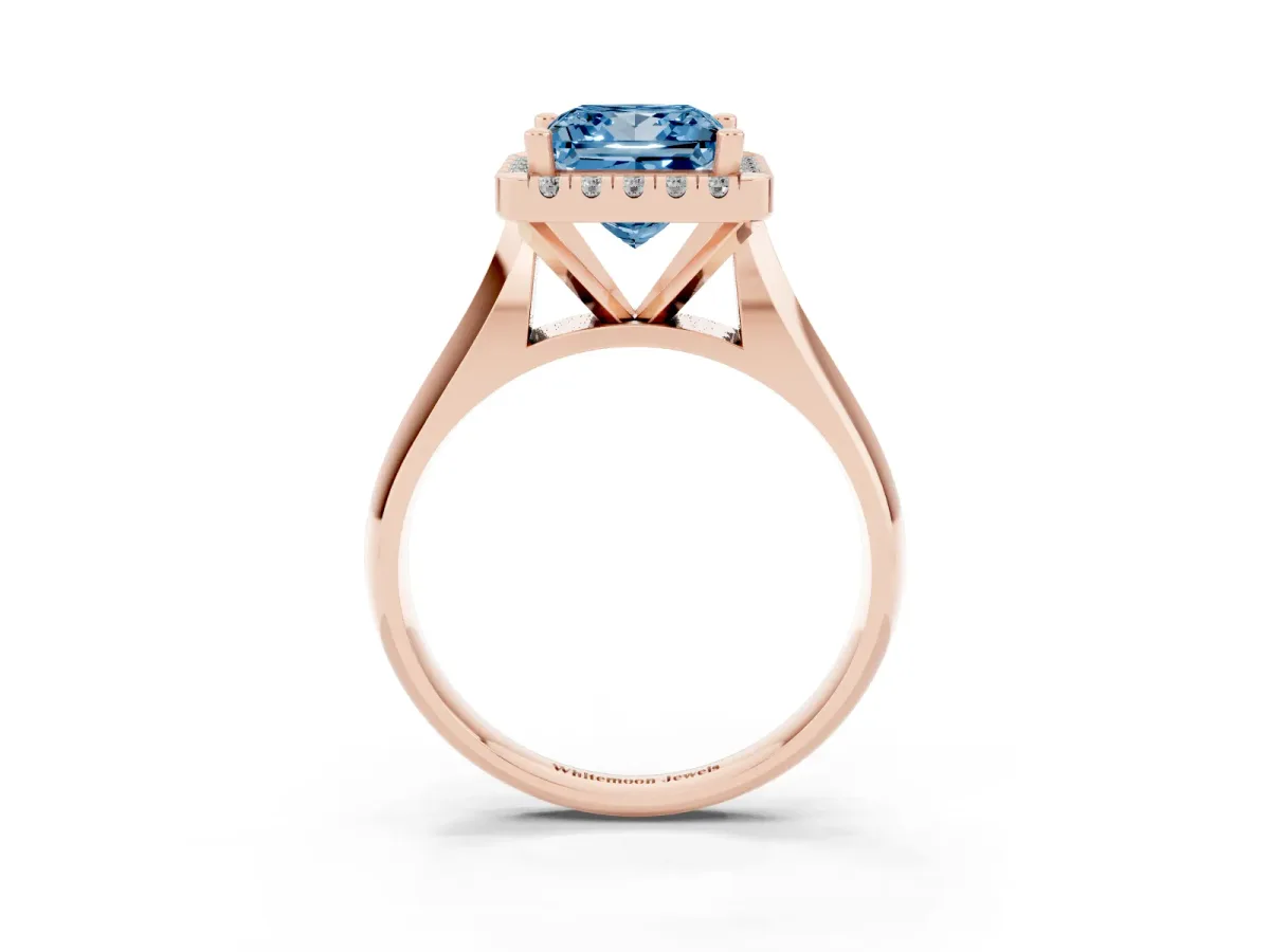 Fancy Blue Princess Cut Cut Halo Solitaire Engagement Ring with Square Band and Four-Prong Setting Rose gold