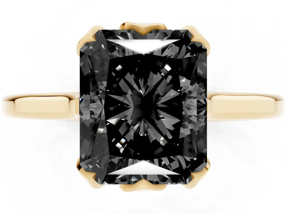 Fancy Black Radiant Cut Diamond Solitaire Ring with Flower Prong Setting and Classic Band Yellow gold