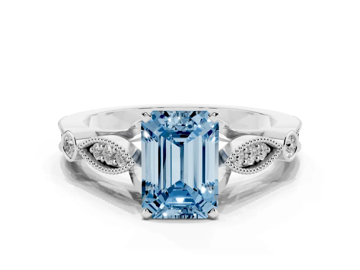 Fancy Blue Emerald Cut Cut Diamond with Milgrain Marquise and Bezel Accents on a Solitaire Band with Prong Setting Silver