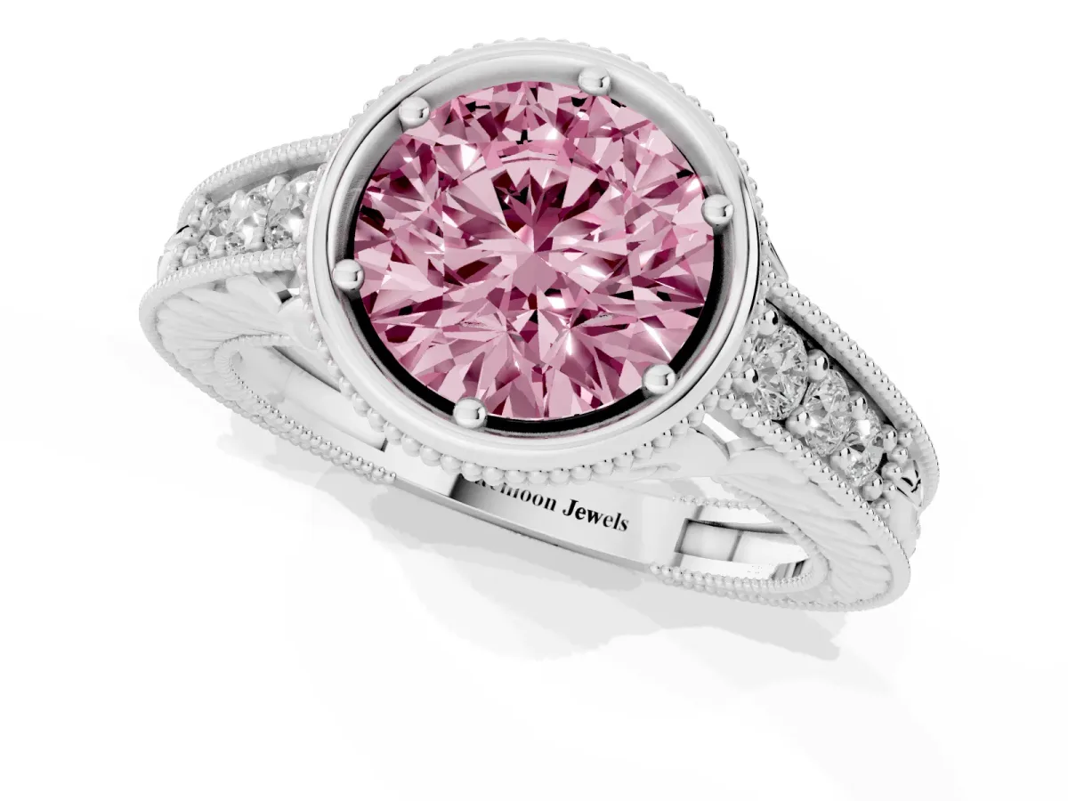 Fancy Pink Bezel Set Round Cut Diamond Milgrain Pave Engagement Ring Silver
