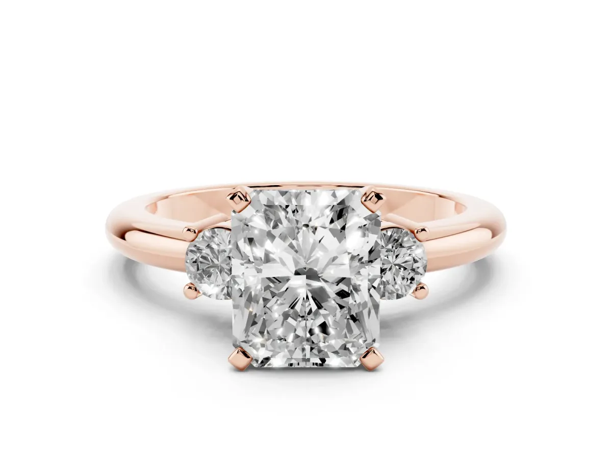 Three-Stone Radiant Cut Cut Diamond Solitaire with Prong Setting and Classic Band Rose gold