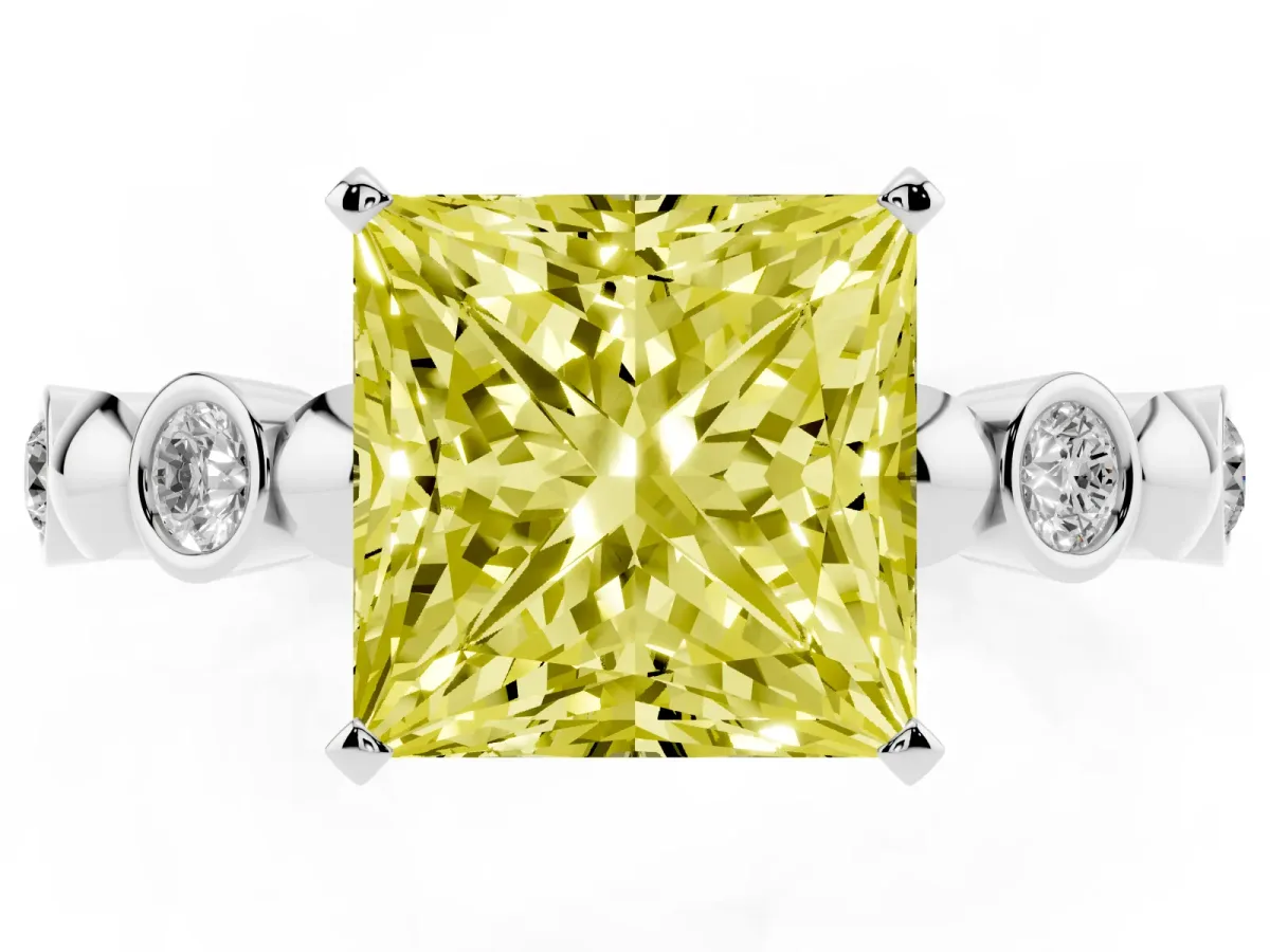 Fancy Yellow Princess Cut Solitaire Bezel-Set Diamond Ring with Beaded Band and Four-Prong Setting Silver
