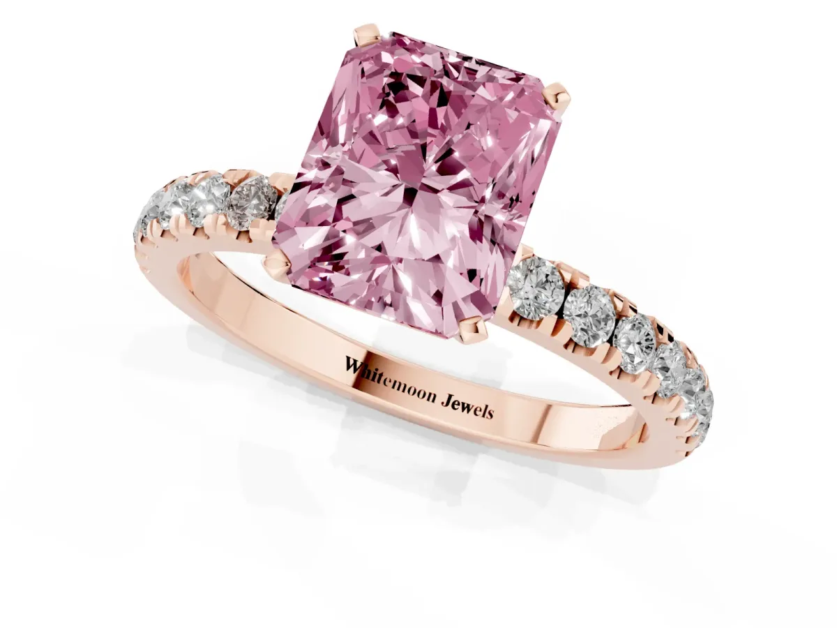 Fancy Pink Radiant Cut Diamond Solitaire Ring with Pavé Accents and Four-Prong Setting Rose gold