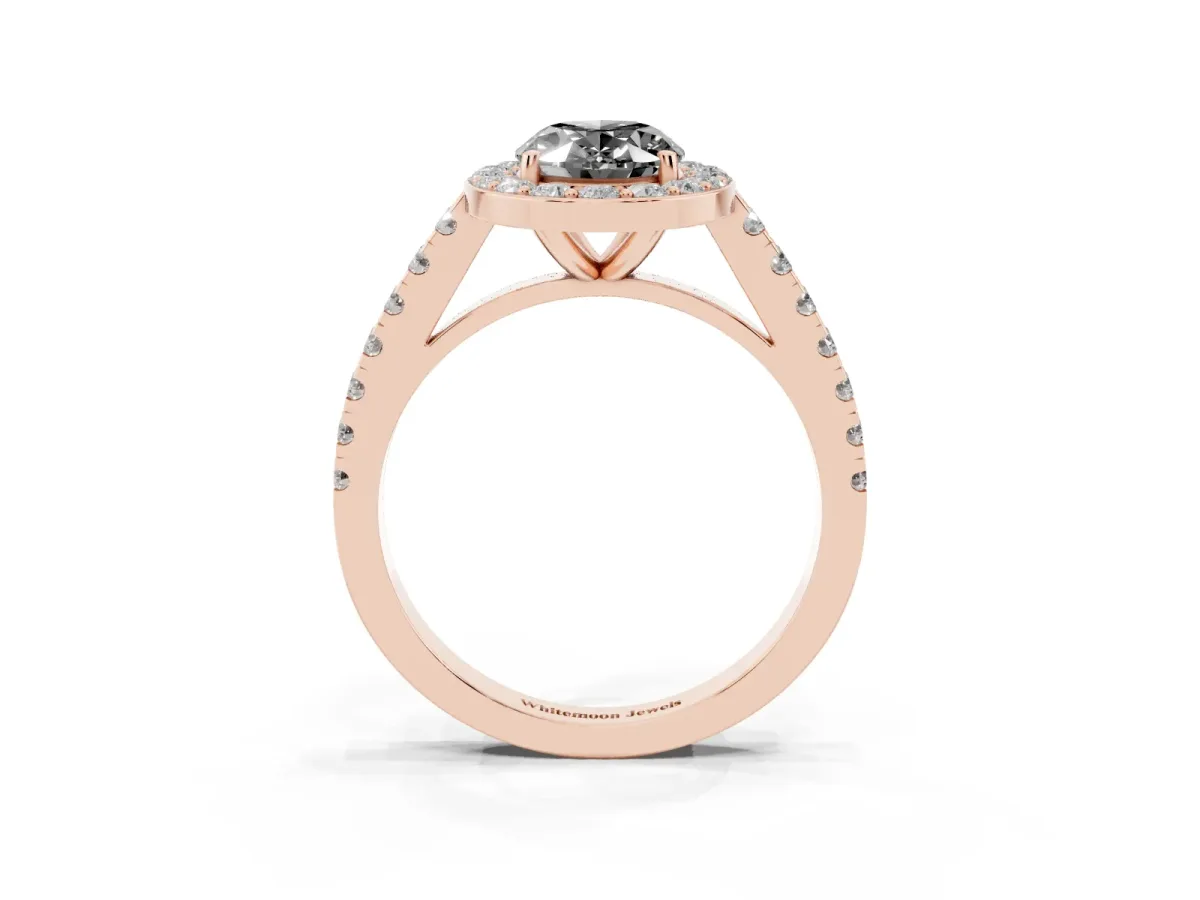 Fancy Black Oval Cut Diamond Halo Ring with Round Pavé Split Shank and Prong Setting Rose gold