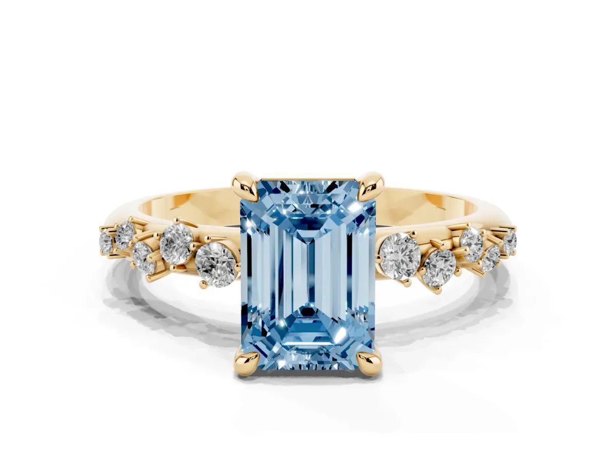 Fancy Blue Emerald Cut Cut Diamond Vine Band with Four-Prong Setting Yellow gold