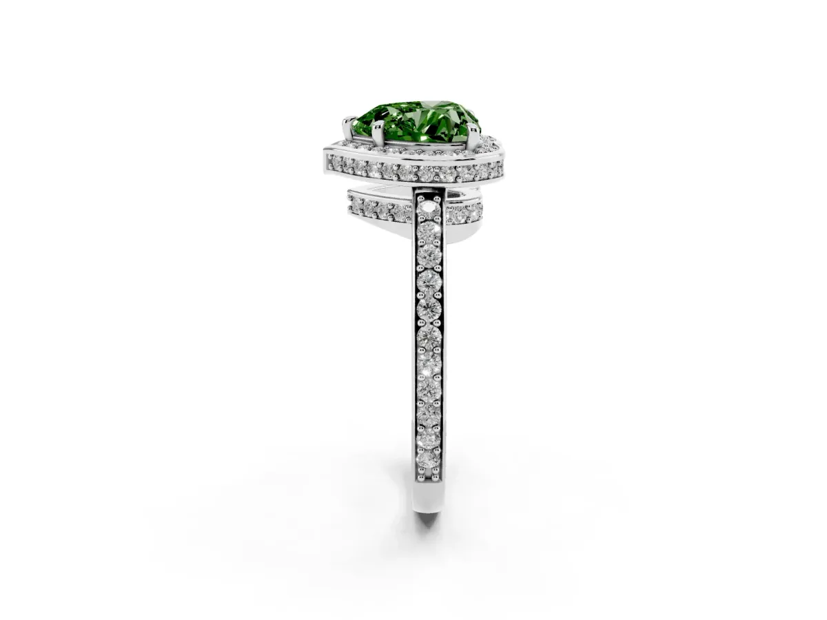 Fancy Green Heart Cut Halo Pave Band Solitaire Ring with Prong Setting White gold