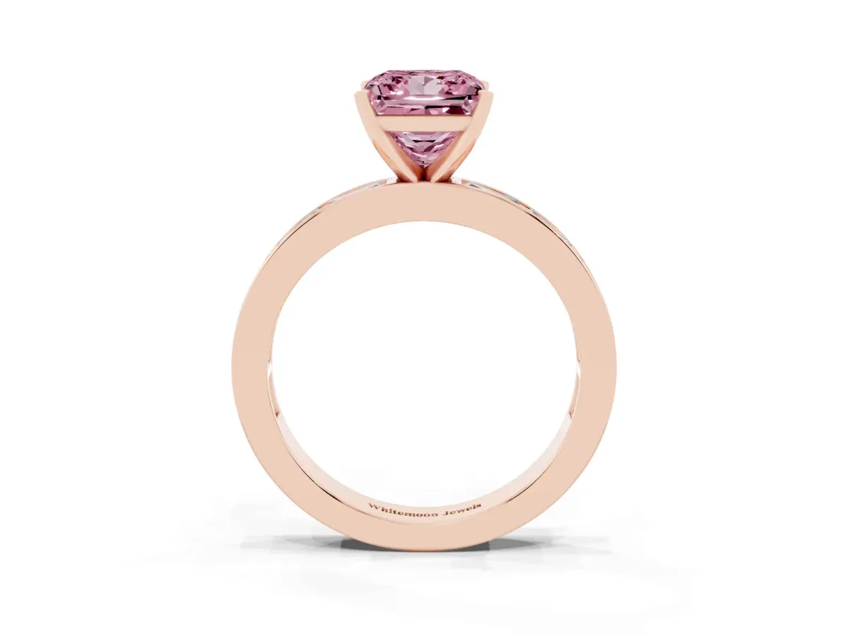 Fancy Pink Princess Cut Solitaire Diamond Ring with Channel-Set Baguette Band and Four-Prong Setting Rose gold
