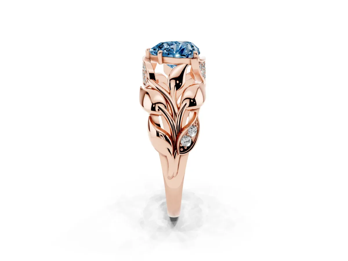 Fancy Blue Heart Cut Diamond Leaf-Inspired Engagement Ring with Round Accents and Prong Setting Rose gold