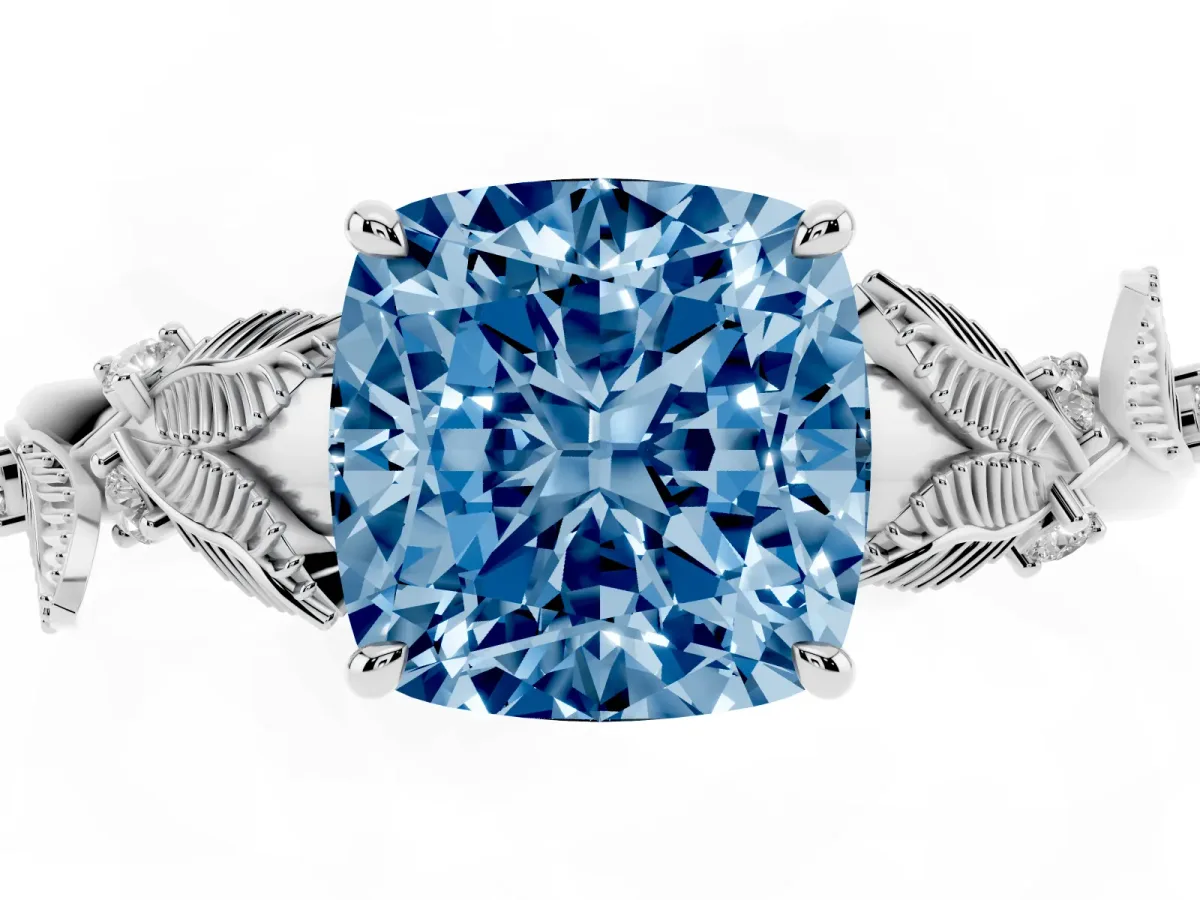 Fancy Blue Cushion Cut Diamond Solitaire Ring with Leaf Motif Band and Four-Prong Setting Silver
