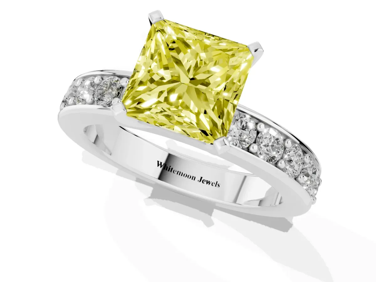 Fancy Yellow Princess Cut Diamond Engagement Ring with Channel Set Round Band and Prong Setting Platinum
