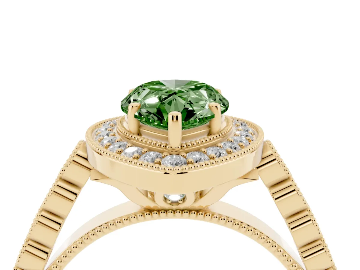 Fancy Green Pear Cut Halo Milgrain Solitaire with Bezel Set Side Stones and Pave Band Yellow gold