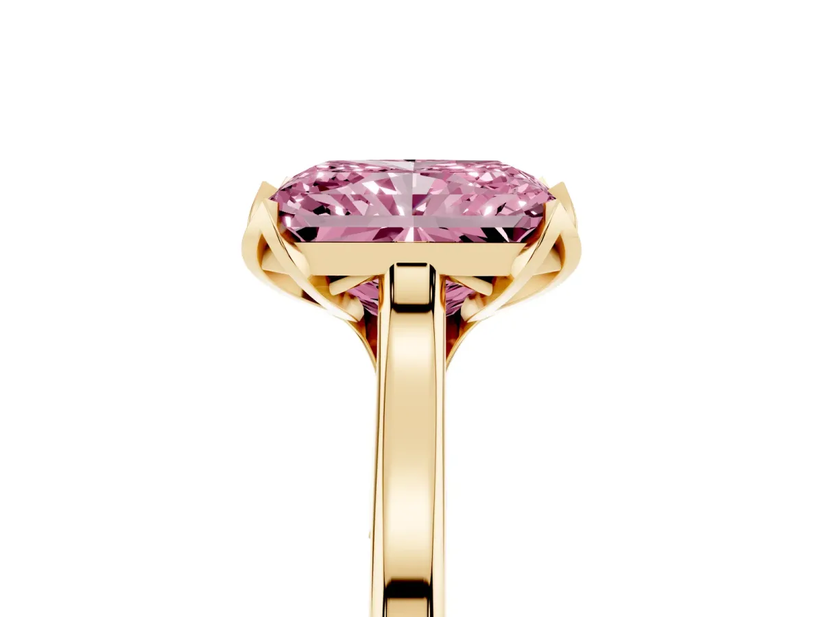 Fancy Pink Radiant Cut Diamond Solitaire Ring with Flower Prong Setting and Classic Band Yellow gold