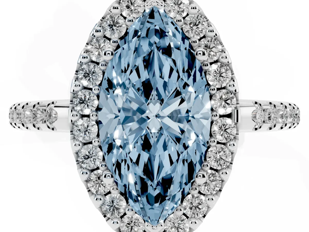Fancy Blue Marquise Cut Diamond Pavé Halo Ring with Four-Prong Setting Silver
