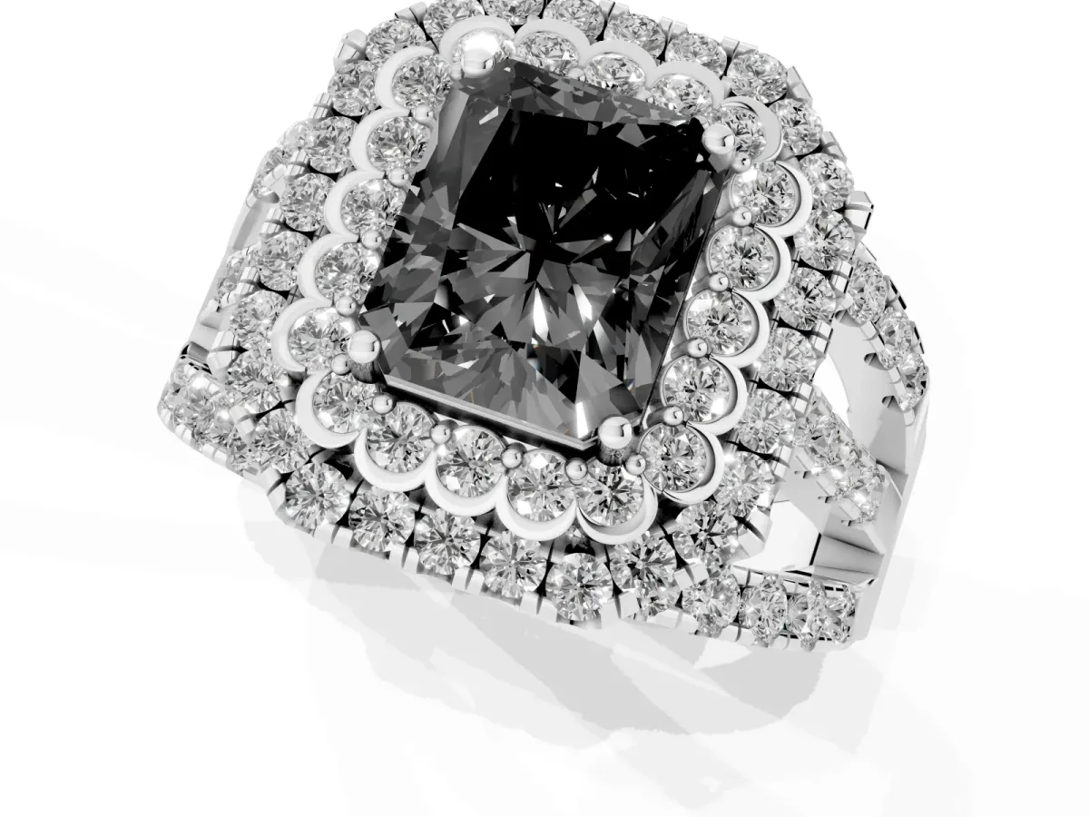 Fancy Black Radiant Cut Diamond Double Halo Ring with Round Pavé Split Shank and Prong Setting Silver