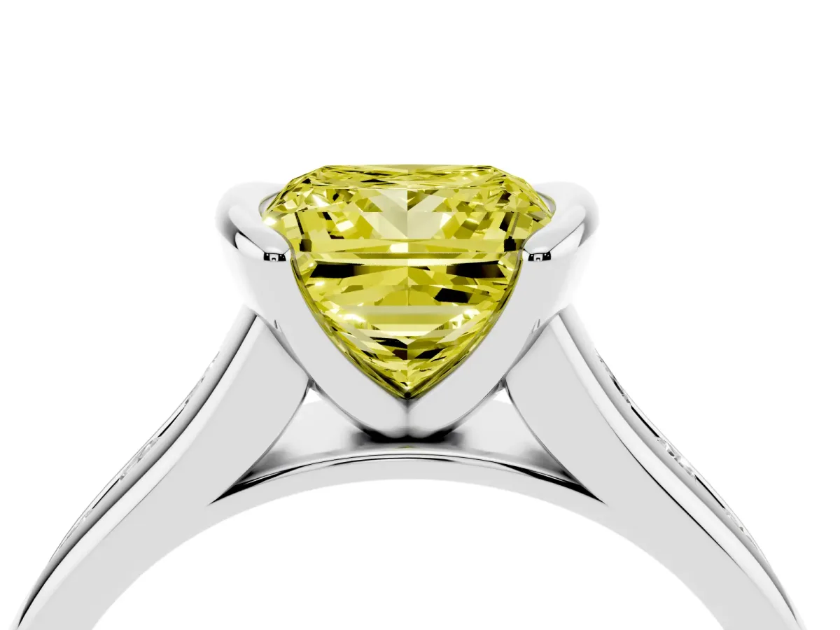 Fancy Yellow Princess Cut Solitaire Bezel-Set Diamond Ring with Channel-Set Band Silver