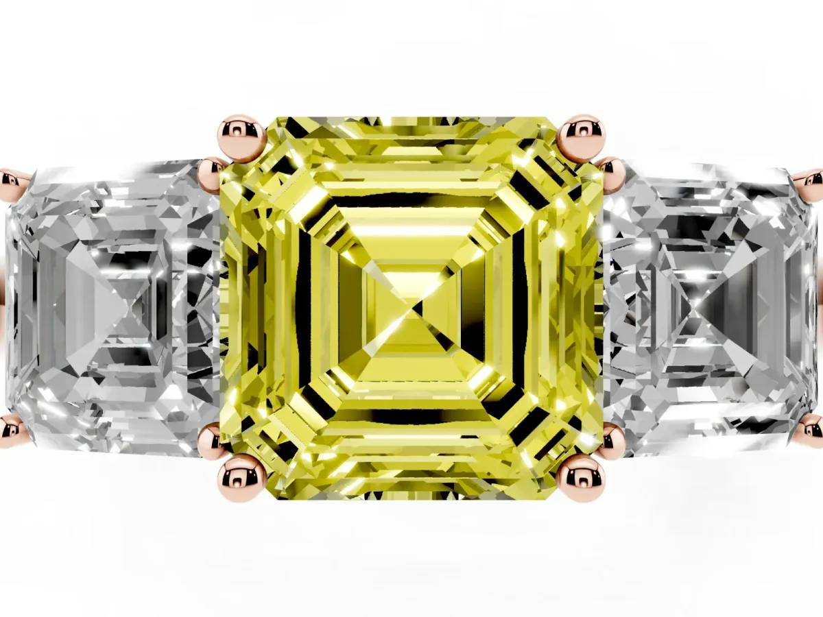 Fancy Yellow Three-Stone Asscher Cut Cut Diamond Engagement Ring with Prong Setting on a White Gold Band Rose gold