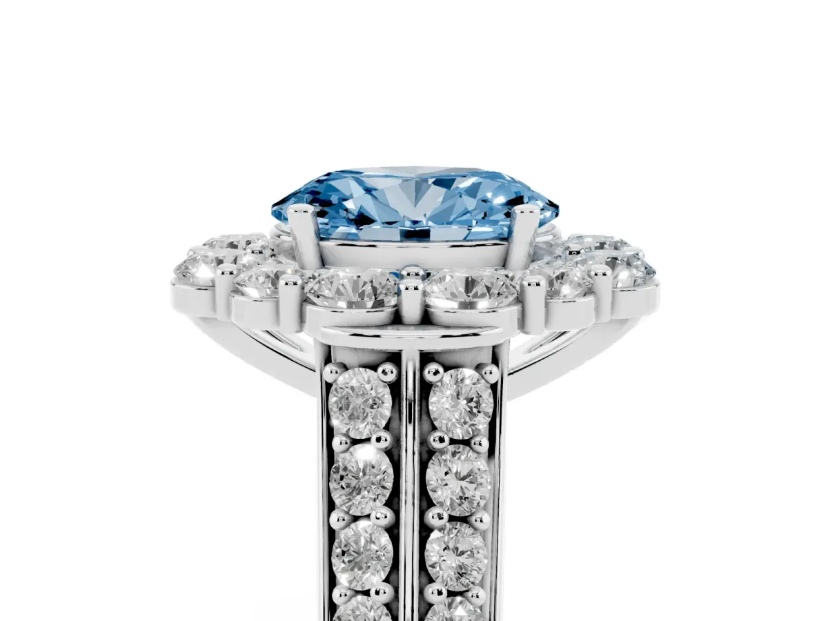 Fancy Blue Oval Cut Halo Diamond Engagement Ring with Split Shank and Prong Setting Silver