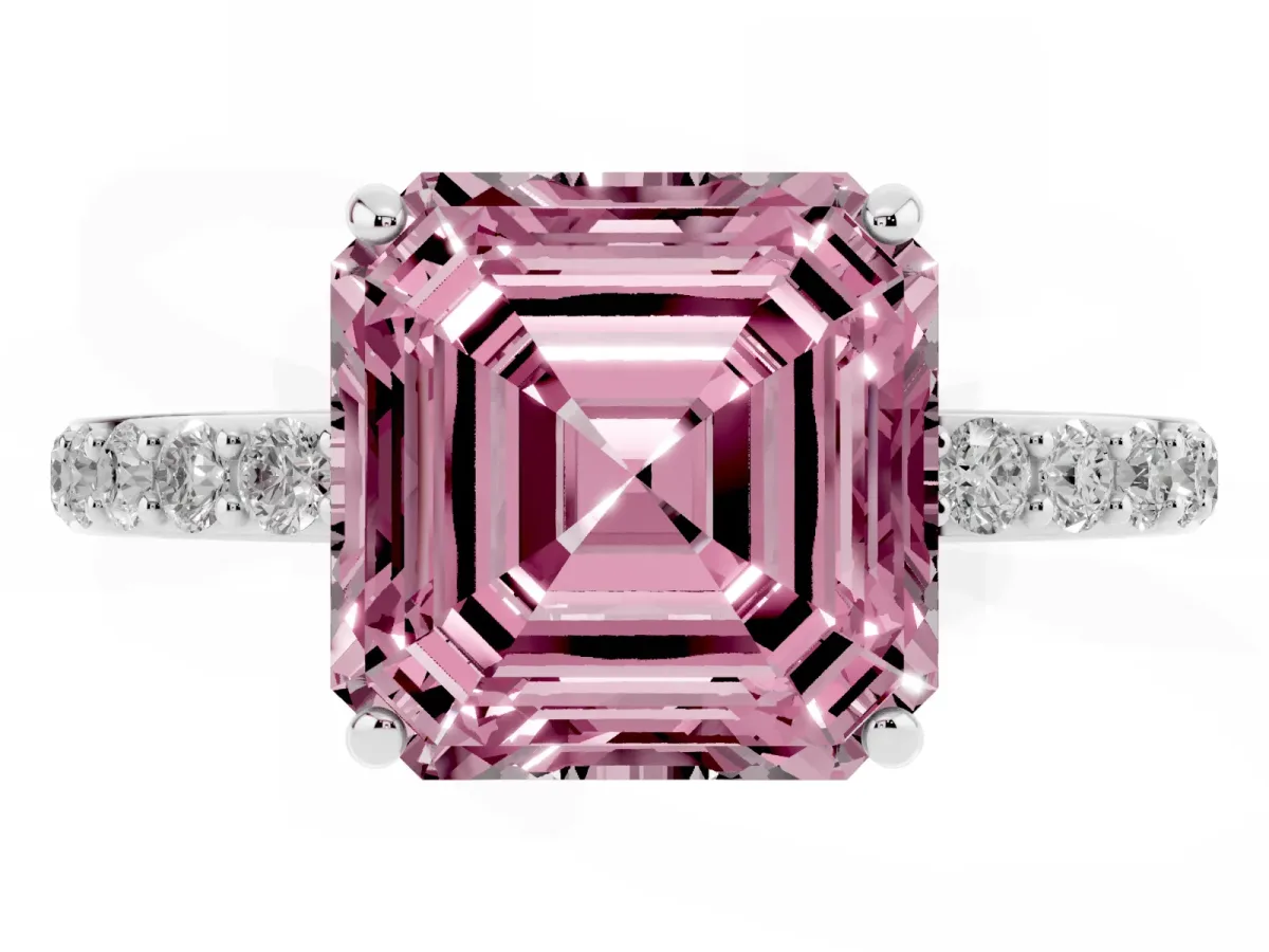 Fancy Pink Asscher Cut Diamond Solitaire Ring with Round Pavé Shoulders and Prong Setting Silver