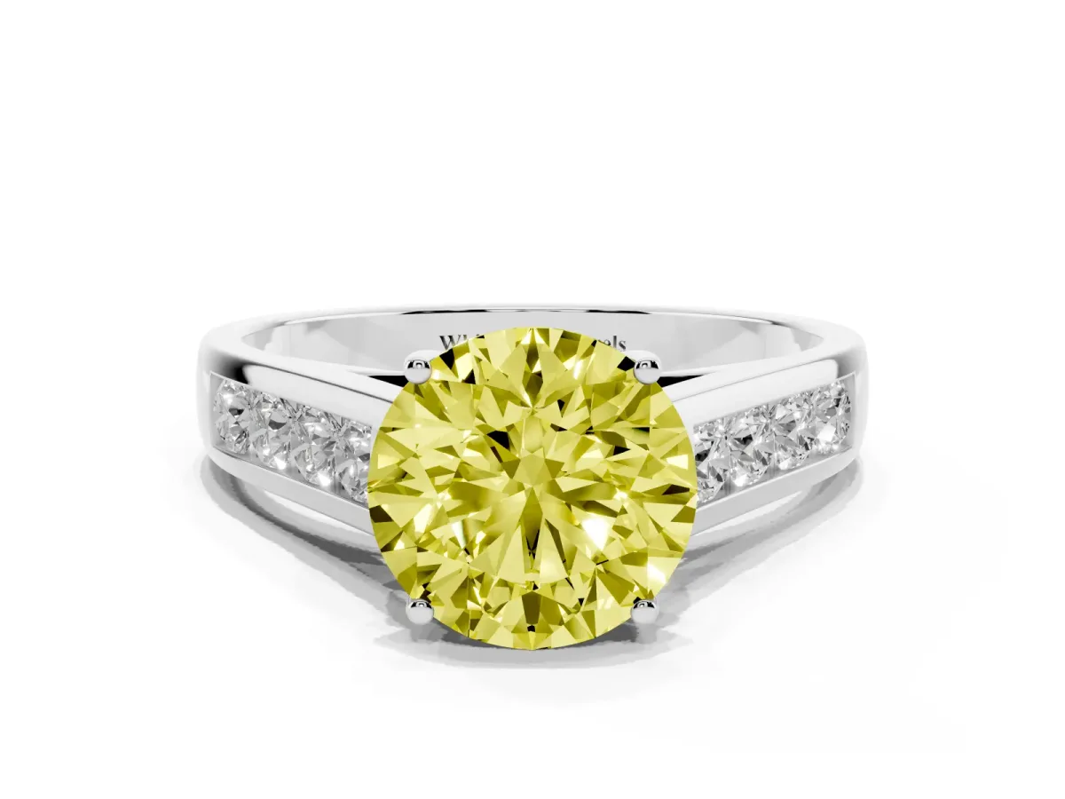 Fancy Yellow Round Cut Brilliant Channel-Set Solitaire Ring with Four-Prong Setting Silver