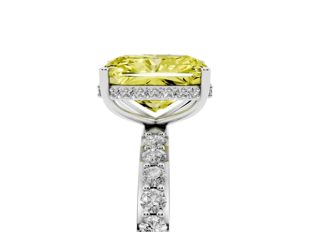 Fancy Yellow Radiant Cut Diamond Solitaire Ring with Pavé Band and Hidden Halo Platinum