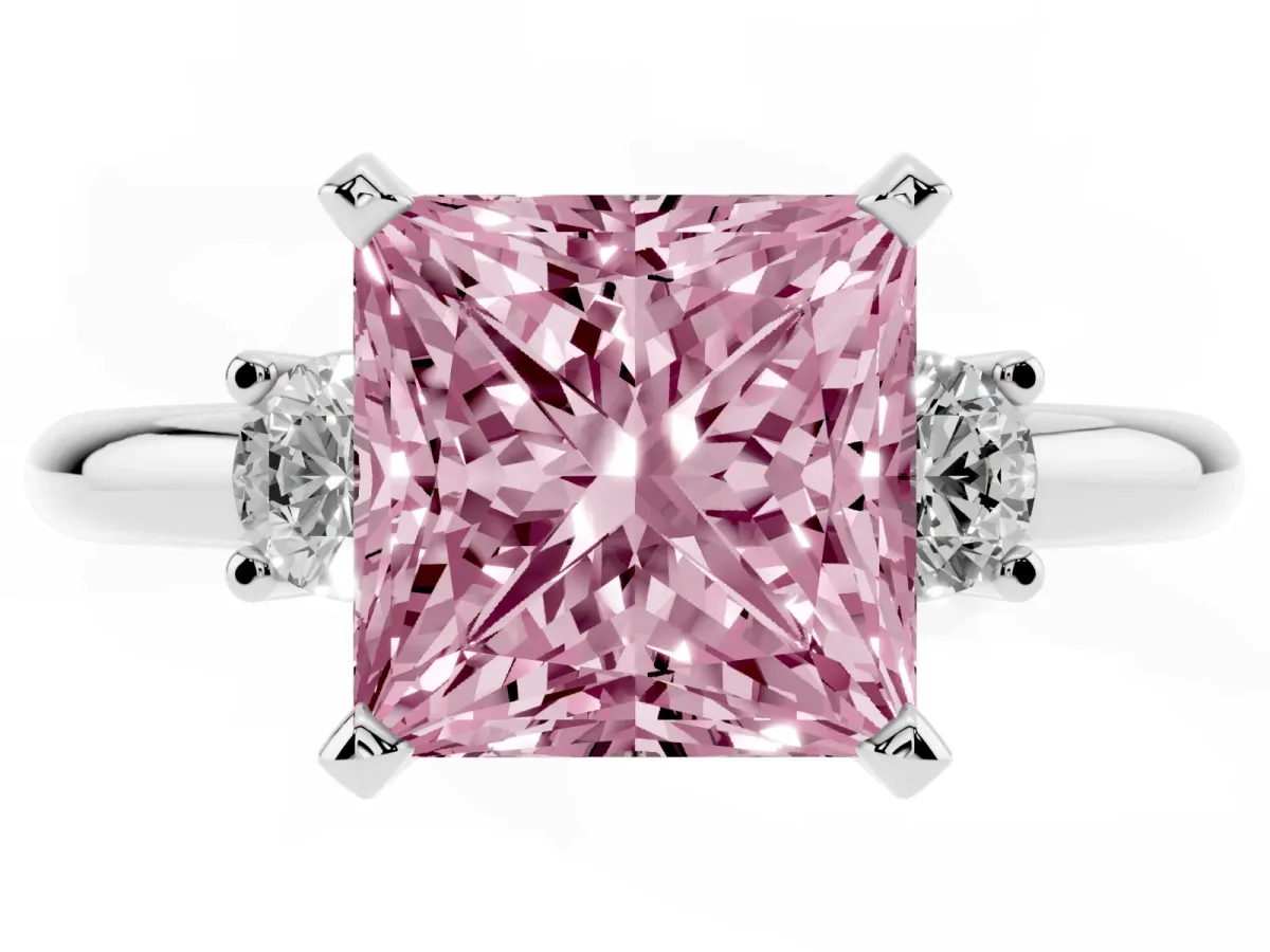 Fancy Pink Three-Stone Princess Cut Cut Diamond Solitaire with Prong Setting and Classic Band Silver