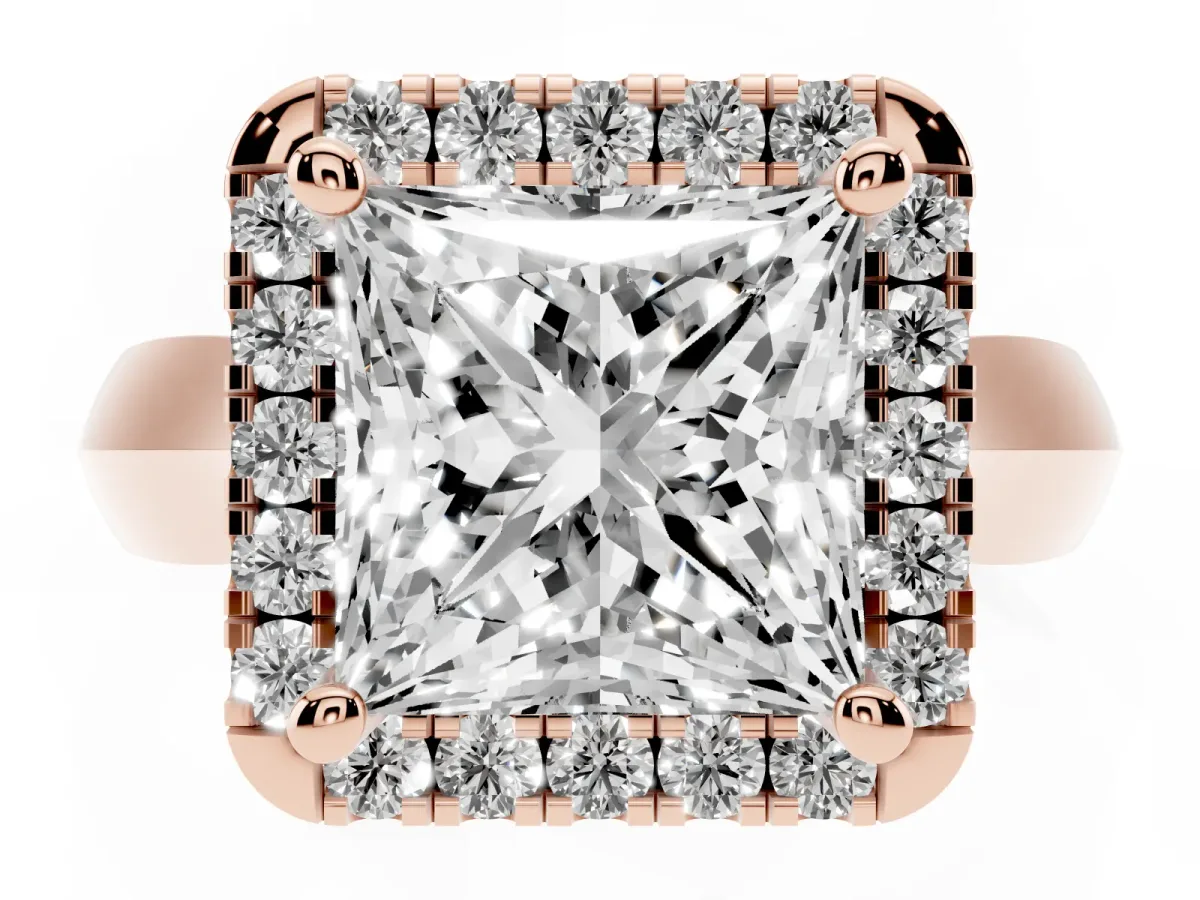 Princess Cut Cut Halo Solitaire Engagement Ring with Square Band and Four-Prong Setting Rose gold